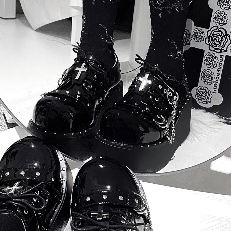 Gothic Lolita Y2K Alt Goth Cross Chain Heart Chunky Platform Shoes
