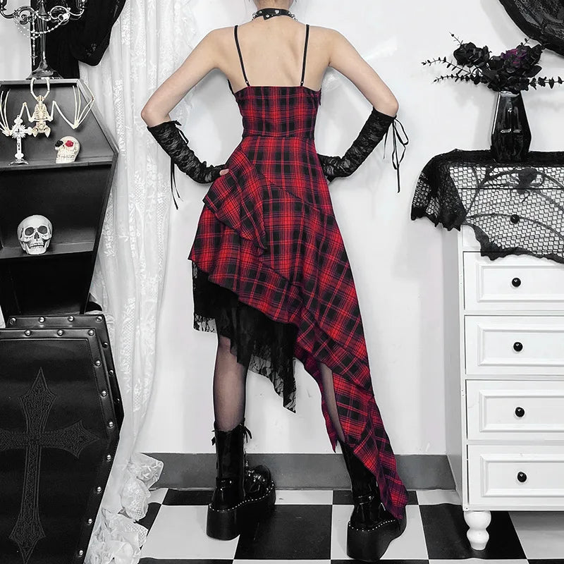 Gothic 90s Goth Red Plaid Lace Patchwork Irregular Hem Dress