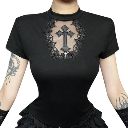 Gothic Alt Goth Vintage Cross Lace Patchwork Short Sleeve Top
