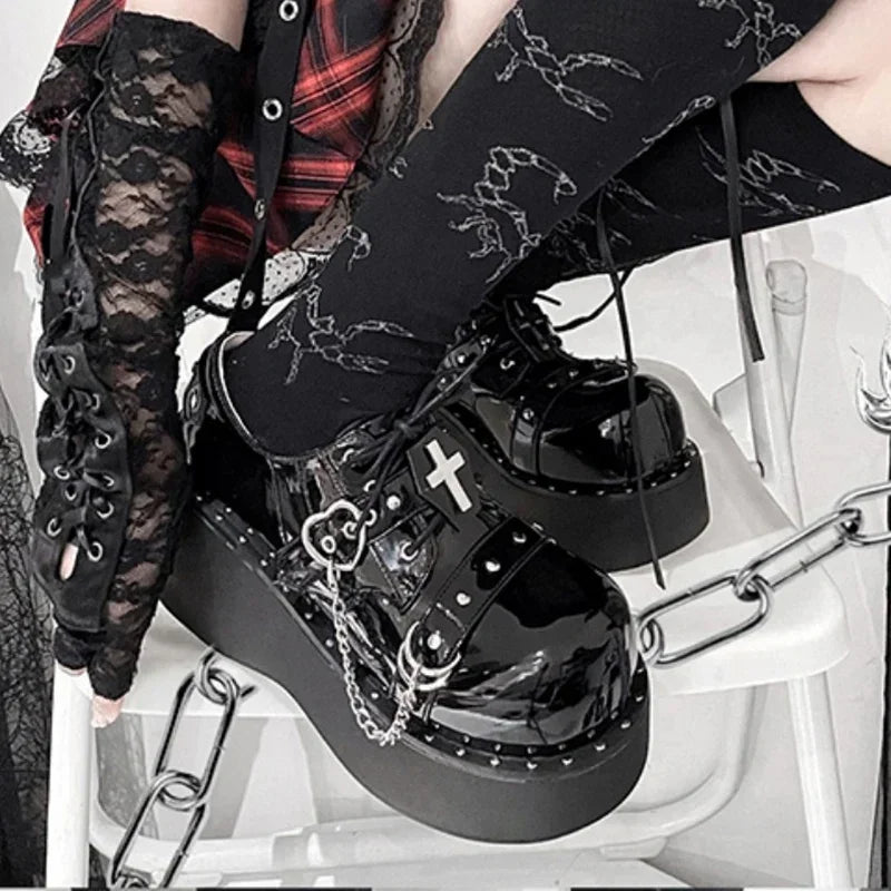 Gothic Lolita Y2K Alt Goth Cross Chain Heart Chunky Platform Shoes
