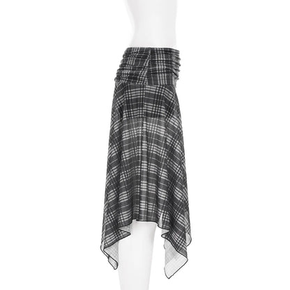 Gothic Alt Goth Grunge Y2K Plaid Mesh Patchwork Irregular Hem Midi Skirt