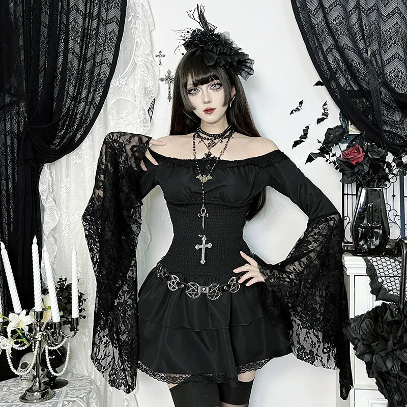 Gothic Alt Goth Off Shoulder Lace Trim Batwing Sleeves Mini Dress
