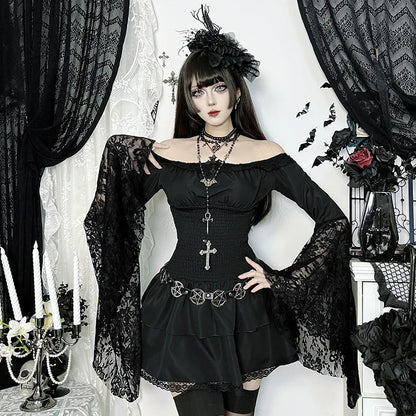 Gothic Alt Goth Off Shoulder Lace Trim Batwing Sleeves Mini Dress