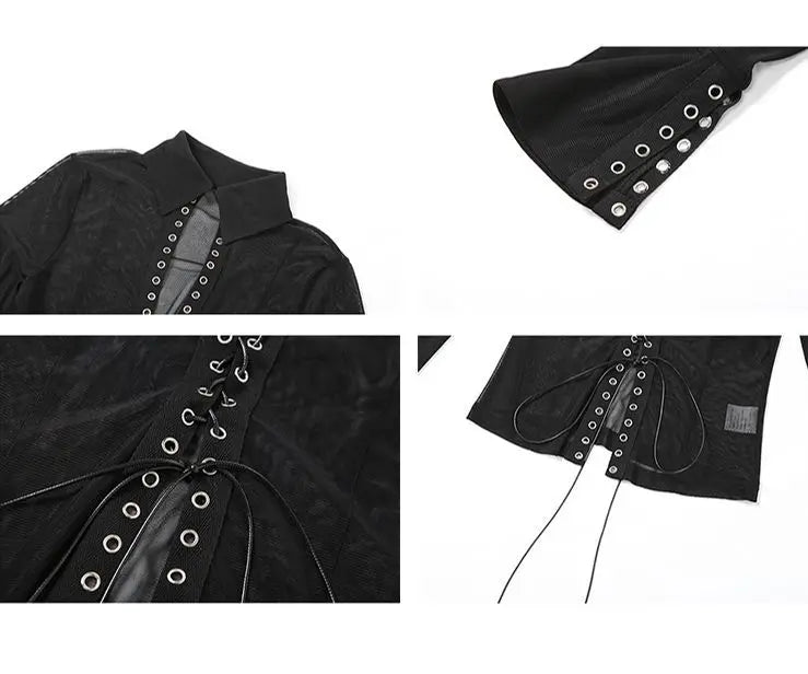 Gothic Y2K Goth Sheer Grommet Lace Up Front Long Sleeve Top