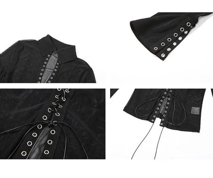 Gothic Y2K Goth Sheer Grommet Lace Up Front Long Sleeve Top