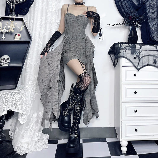 Gothic Y2K Gray Distressed Irregular Hem Patchwork Mini Dress