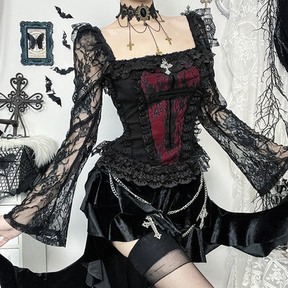 Gothic Cross Patchwork Lace Sleeves Romantic Goth Top