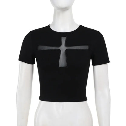 Gothic Alt Goth Cross Sheer Hollow Out Short Sleeve Shirt Top