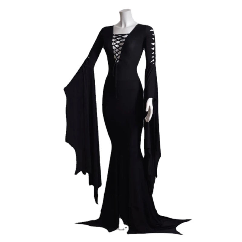 Gothic Morticia Addams Bell Sleeves Hollow Lace Up Dress (available in size S to 5XL)