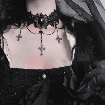Gothic Victorian Goth Adjustable Lace Cross Choker Necklace