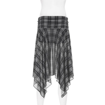 Gothic Alt Goth Grunge Y2K Plaid Mesh Patchwork Irregular Hem Midi Skirt