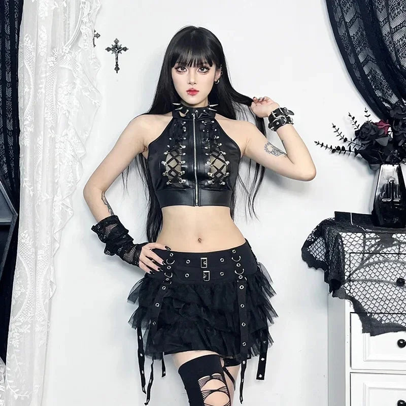 Alt Gothic Lace Up Zip Up Crop Tank Top Vest