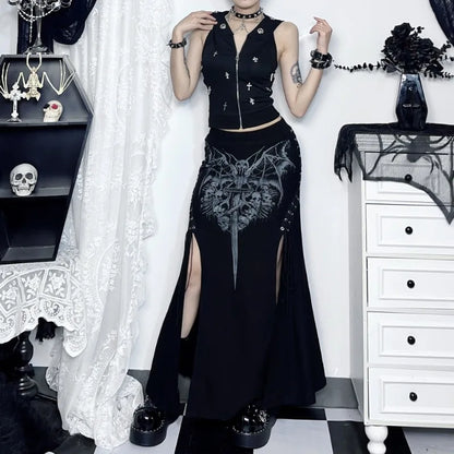 Alt Gothic Bat Skulls Print Lace Up Sides Long Skirt