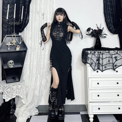 Alt Gothic Sheer Lace Up Side Slit Turtle Neck Long Dress