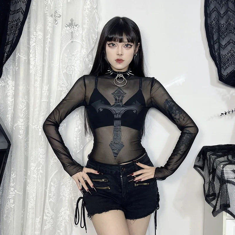 Gothic Alt Goth Cross Mesh Top