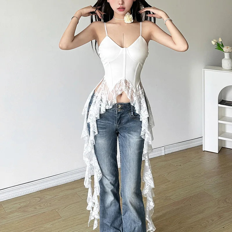 Gothic Y2K Alt Goth Irregular Lace Ruffled Tank Top (available in 2 colors)