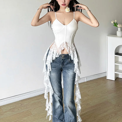 Gothic Y2K Alt Goth Irregular Lace Ruffled Tank Top (available in 2 colors)