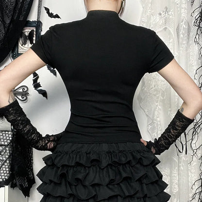 Gothic Alt Goth Vintage Cross Lace Patchwork Short Sleeve Top