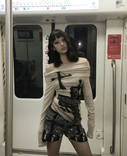 Gothic Y2K Alt Goth Skull Cross Faux Fur Patchwork Off Shoulder Long Sleeve Top