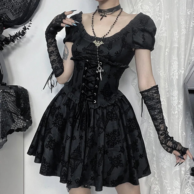 Gothic Romantic Goth Crosses Sheer Lace Up Corset Waist Mini Dress – ROCK 'N DOLL