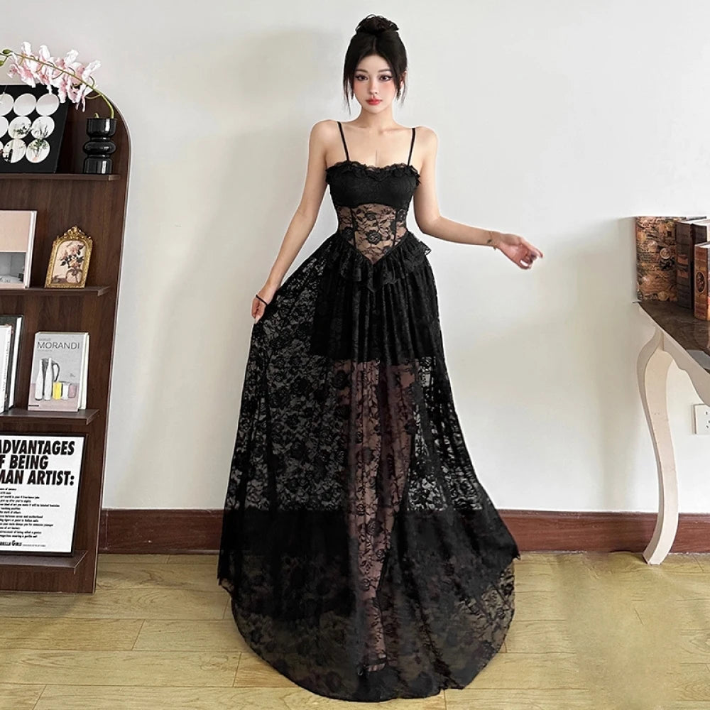 Gothic Lace Jacquard Patchwork Summer Spaghetti Strap Long Dress