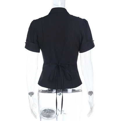 Gothic Dark Academia Goth Vintage Ruffle Short Sleeve Blouse