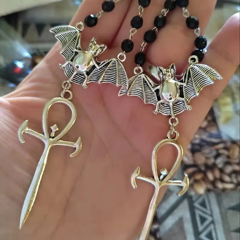 Gothic Vampire Goth Ankh Cross Bat Earrings