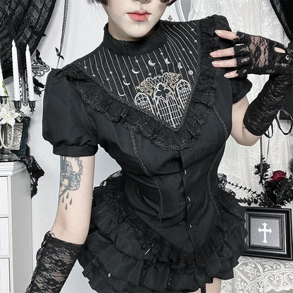 Gothic Moon Cathedral Embroidery Lace Trim Puff Sleeve Top