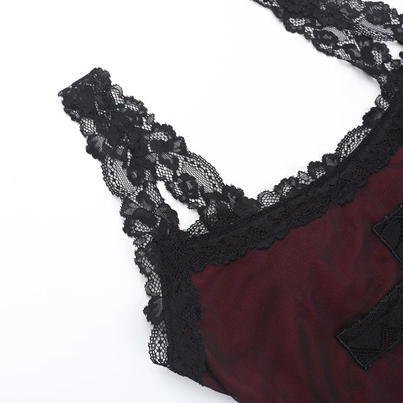 Gothic Alt Goth Cross Pattern Lace Strap Red Bodycon Dress