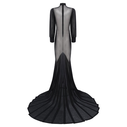 Gothic Romantic Vampire Goth Lantern Sleeve Mesh See Through Court Train Long Dress