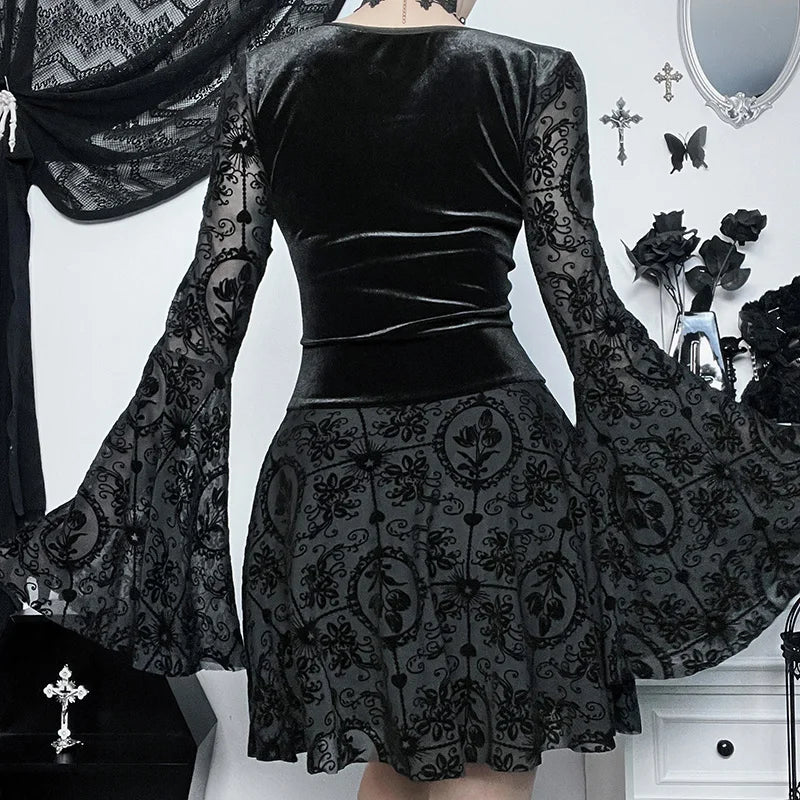 Gothic Romantic Vintage Sheer Bell Sleeves Lace Up Waist Mini Dress