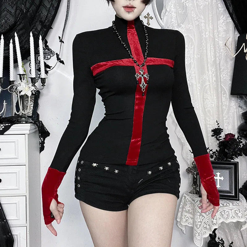 Gothic Y2K Alt Goth Cross Red Patchwork Long Sleeve Top