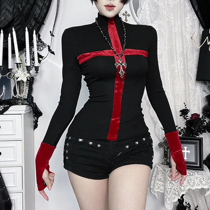 Gothic Y2K Alt Goth Cross Red Patchwork Long Sleeve Top