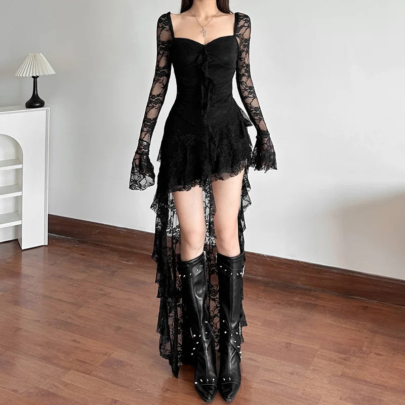 Gothic Vampire Goth Lace Long Sleeves Irregular Hem Layered Dress ROCK 'N DOLL Gothic Vampire Goth Lace Long Sleeves Irregular Hem Layered Dress ROCK 'N DOLL