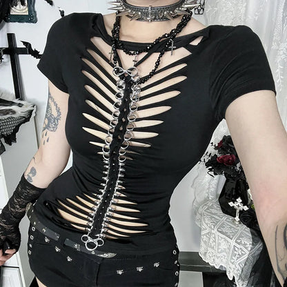 Gothic Alt Punk Goth Hollow Out Bone Chain Short Sleeve Top