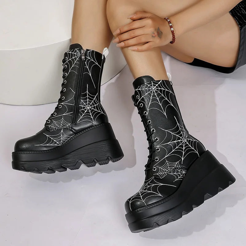 Gothic Alt Goth Halloween Spider Web Chunky Platform Mid Calf Boots