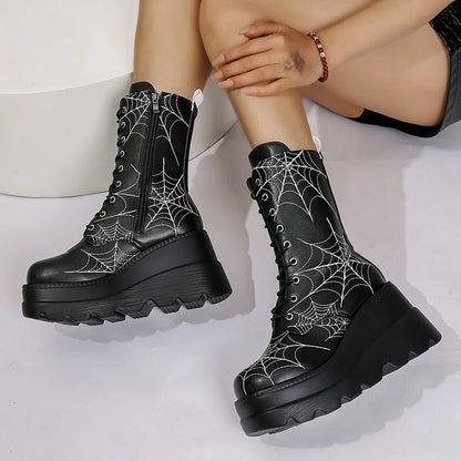 Gothic Alt Goth Halloween Spider Web Chunky Platform Mid Calf Boots