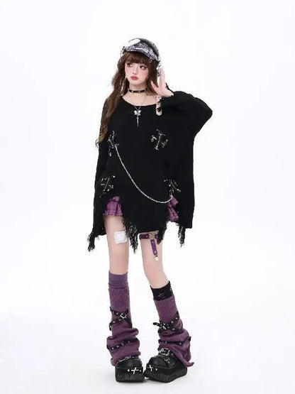 Alt Gothic Harajuku Y2K Cross Zipper Long Sleeve Knitted Pullover Sweater Top (available in 3 colors)