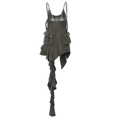 Gothic Y2K Cyber Goth Ruffled Multi Zipper Irregular Mini Dress