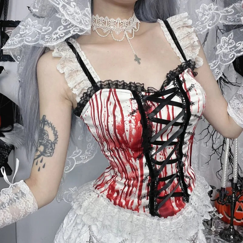 Gothic Alt Goth Halloween Blood Red Print Lace Patchwork Tank Top
