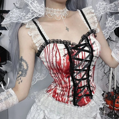 Gothic Alt Goth Halloween Blood Red Print Lace Patchwork Tank Top