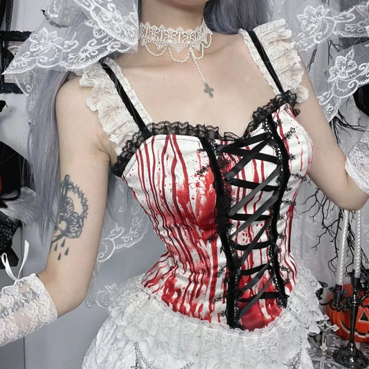 Gothic Alt Goth Halloween Blood Red Print Lace Patchwork Tank Top