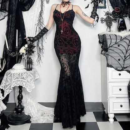 Gothic Alt Goth Dark Vintage Sheer Overlay Spaghetti Strap Dress