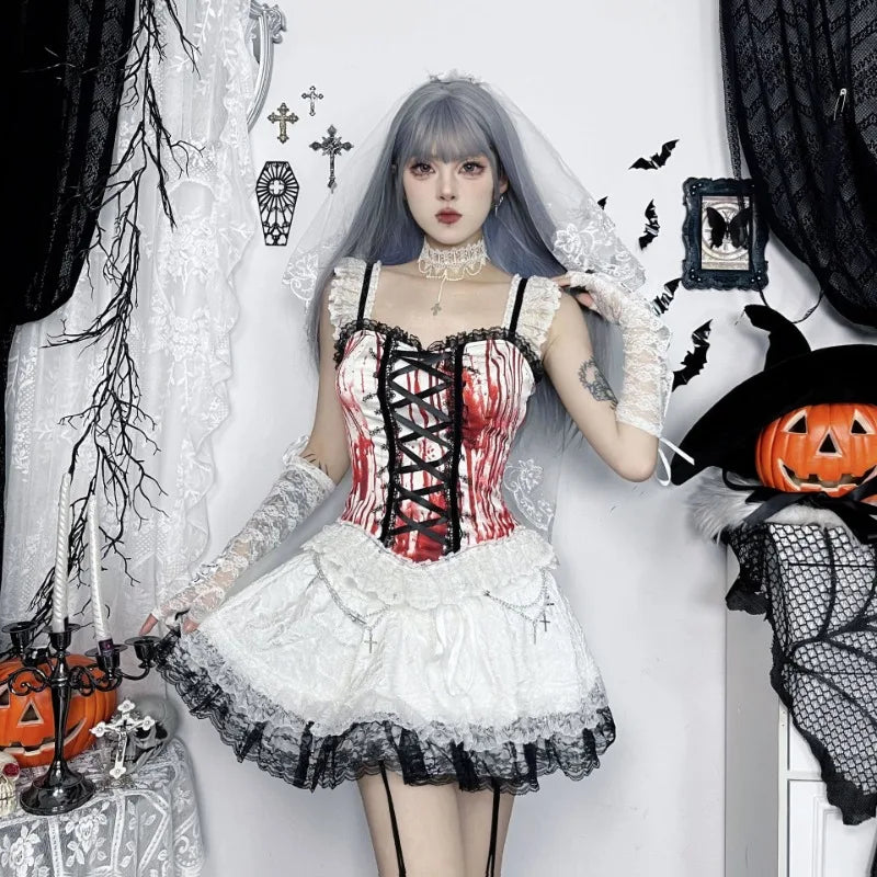 Gothic Alt Goth Halloween Blood Red Print Lace Patchwork Tank Top