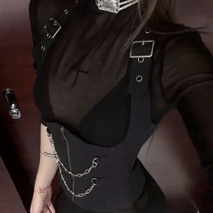 Gothic Alt Goth Y2k See-through Mesh Shirt Top Halter Chain Waist Cincher Vest Top