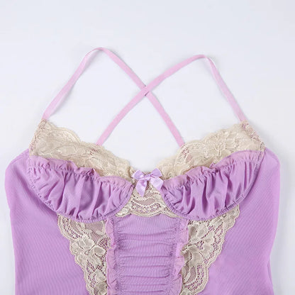 Gothic Romantic Y2K Lace Stitching Lilac Camisole Tank Top