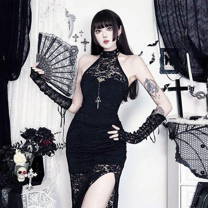 Gothic Alt Goth Halter Lace See Through High Slit Bodycon Long Dress
