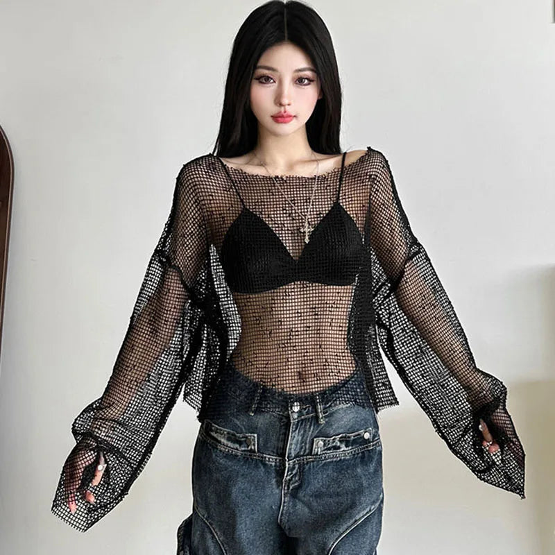 Gothic Y2K Alt Fishnet Mesh See Through Long Sleeves Top
