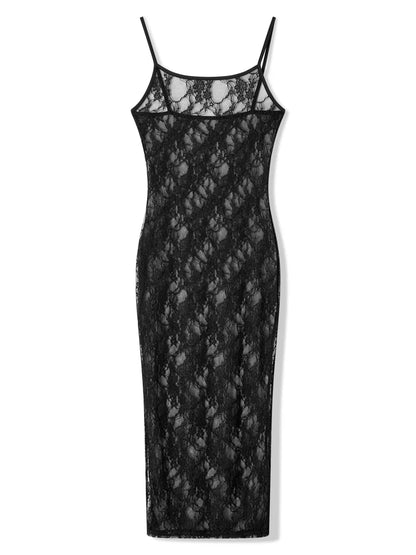 Gothic Romantic 90s Goth Black Lace See Through Spaghetti Strap Long Bodycon Dress