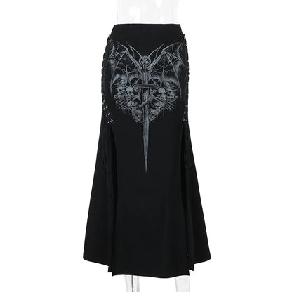 Alt Gothic Bat Skulls Print Lace Up Sides Long Skirt